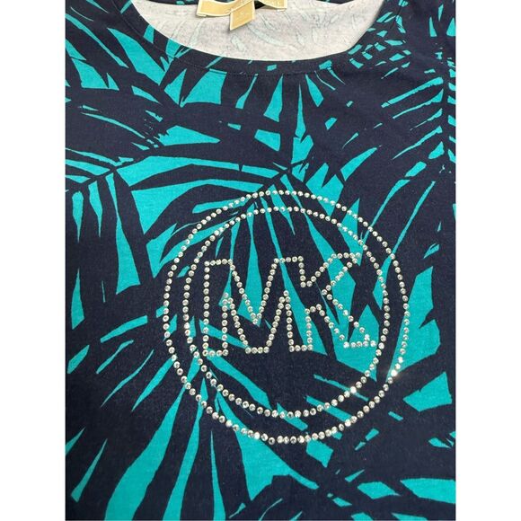 MICHAEL KORS Turquoise Navy PALM Printed Women’s Cotton T-shirt Sequins Logo SzL - Picture 2 of 7